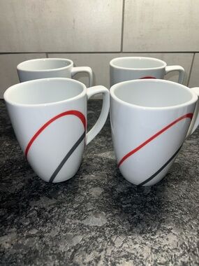 Corelle Coordinates White Ceramic Mugs with Red and Gray Swirl - Set of 4.